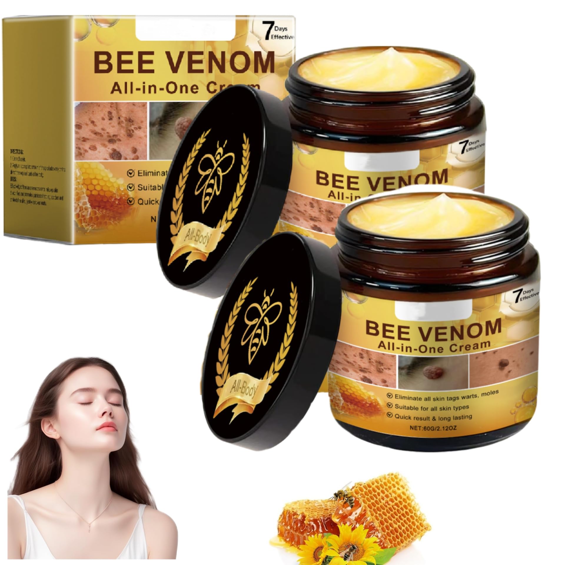 Bee Venom All-in-One Cream, 2pcs 60ml Bee Venom Skin Treatment Cream, Multi-Action Skincare Ointment, Repairing