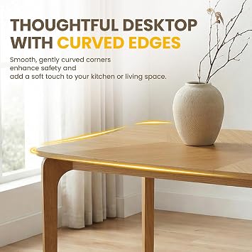 HNY Modern Curved Edge Dining Table, 63 Solid Wood Kitchen Table with Herringbone Pattern Mid-Century Rectangular Dinner Table for 6-9 People, Natural Oak Finish