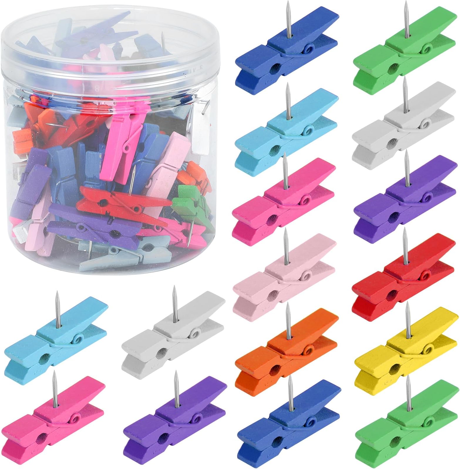 60 Pieces Colorful Push Pins with Wooden Clips, Clothespin Pushpins Cute Decorative Thumb Tacks for Cork Board, Bulletin Board, Photos, Crafts, Classroom Office