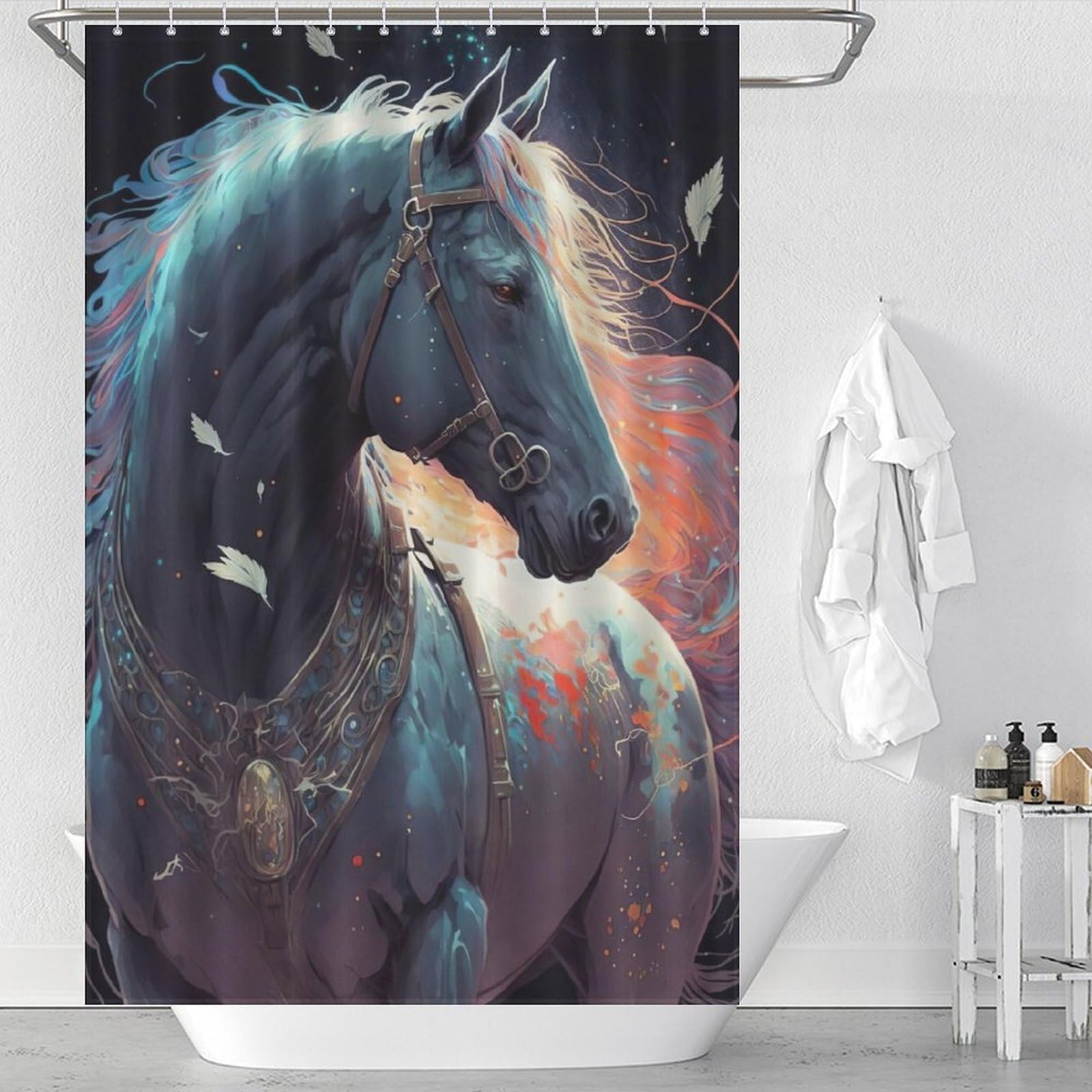 Rideaux de douche cheval en tissu polyester imperméable pour une salle de bain moderne