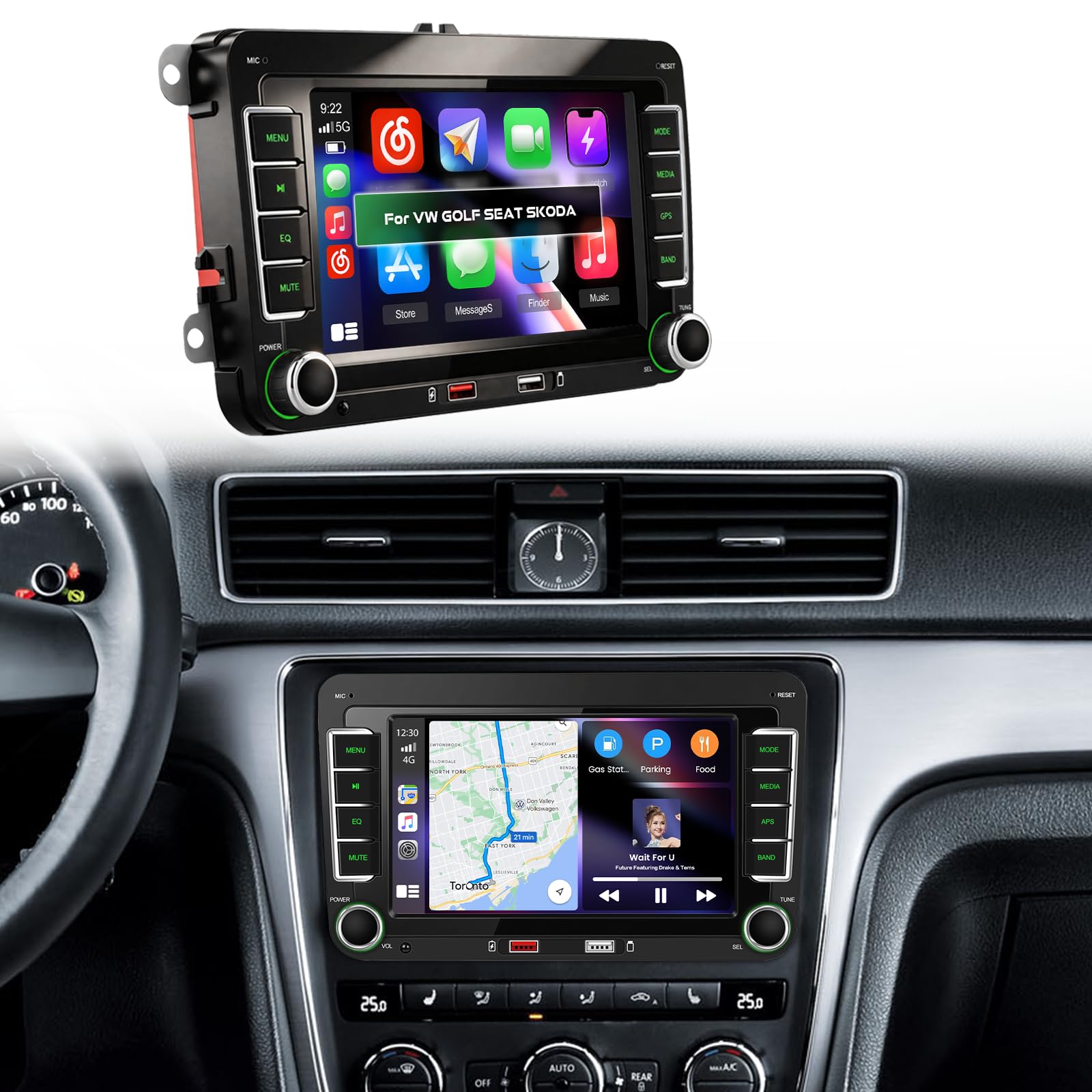 Radio de Coche para VW Golf 5 6 T5 Polo 6r Caddy Passat Touran Seat con 7 Pulgadas Pantalla, Radio Coche 2 DIN con CarPlay y Android Auto, Portátil Bluetooth con Trasera Cámara FM/Am/RDS EQ SWC