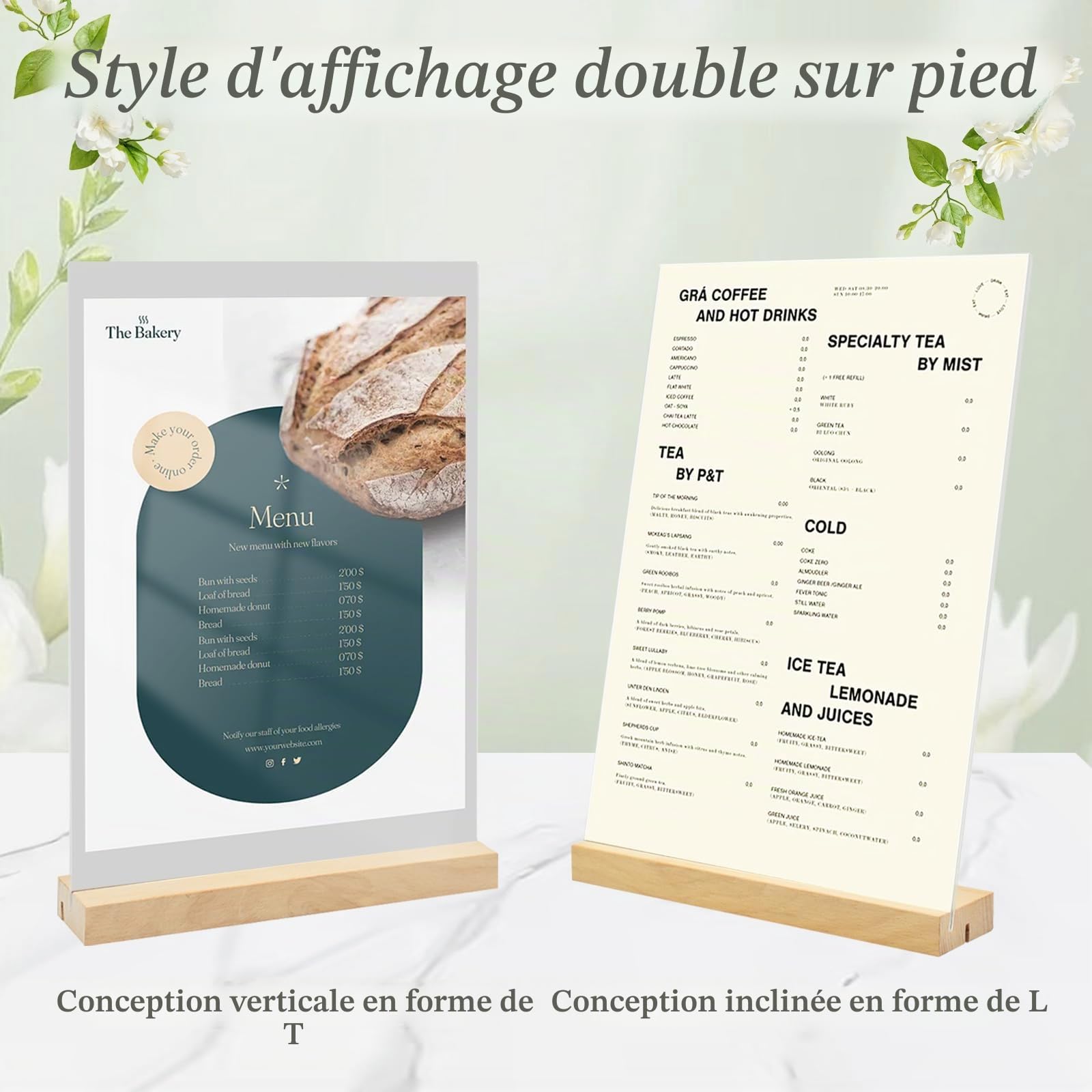 Présentoirs de Table A5, Lot de 6 Forme L/T Support Affiche A5 Plaque Acrylique, Double Face Porte Menu avec Pied en Bois, Support Feuille pour Exposition Café Bureau école-148*210mm