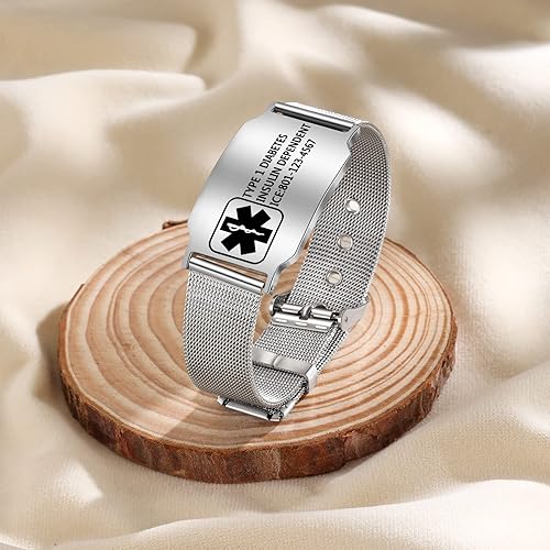 Miniatura 4 de Nameinhea Pulseras de alerta médica personalizadas para mujeres y hombres, grabadas gratis, ajustables, de acero inoxidable, impermeables, de