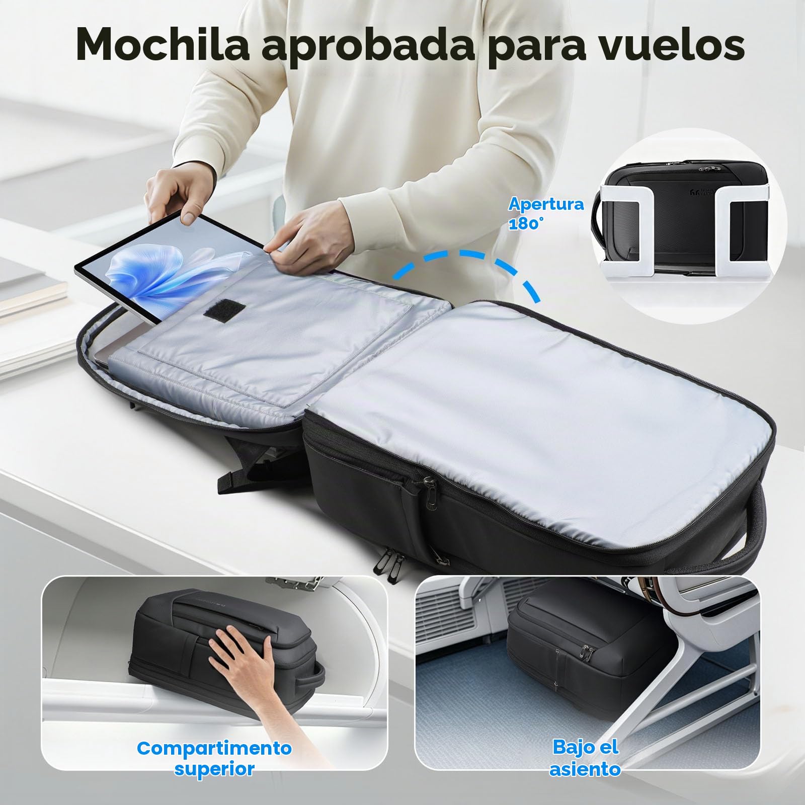Mochila Expandible 40L para Portátil 16 Pulgadas, Mochila de Viaje Hombre | con USB-C y USB-A, Equipaje de Mano Aprobado Avión, Apertura 180°, Mochila Impermeable Antirrobo Trabajo Negocios, Negro