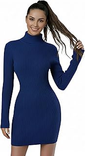 Women Turtleneck Long Sleeve Bodycon Fall Winter Mini Slim Knit Sweater Dress