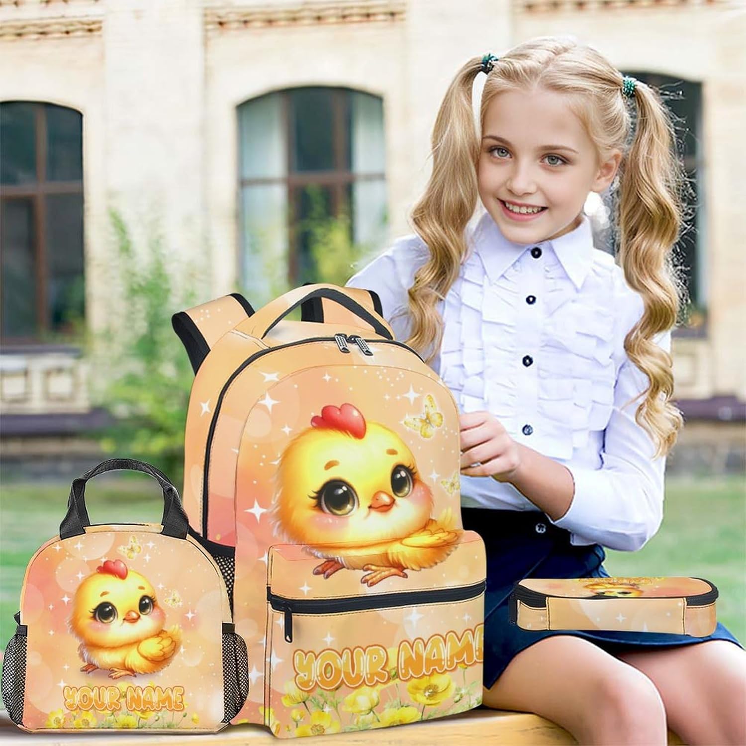 Custom Chicken Backpack with Lunch Box, 3PCS Kids School Backpacks Matching Combo for Middle School, Personalized Funny Bookbag and Pencil Pouch Bundle