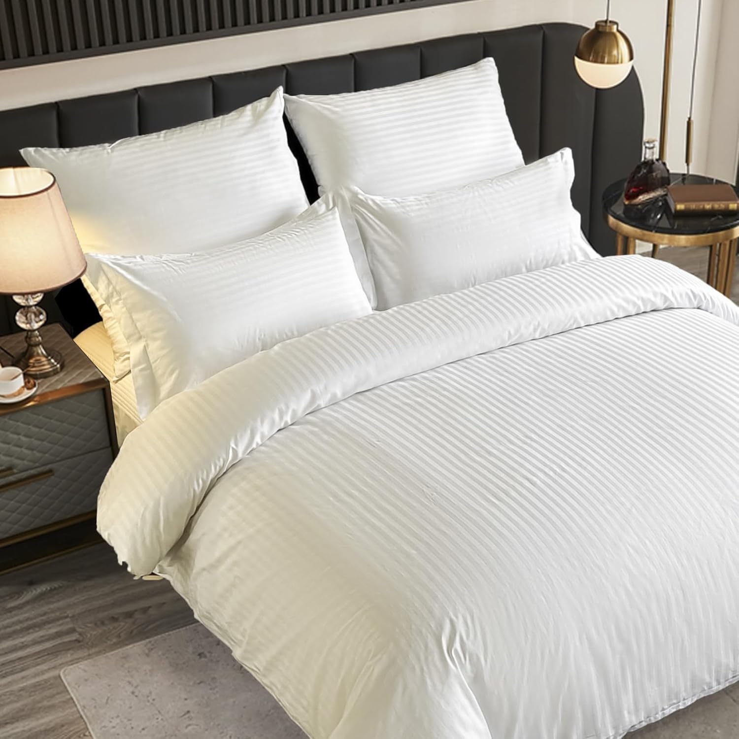 Hotel Bedding Duvet Cover King Size Cotton White Satin Pin Striped Textured with Zipper - Duvet Cover King 3 Pcs Set 104x90 - Comforter Cover/Quilt Cover King Size