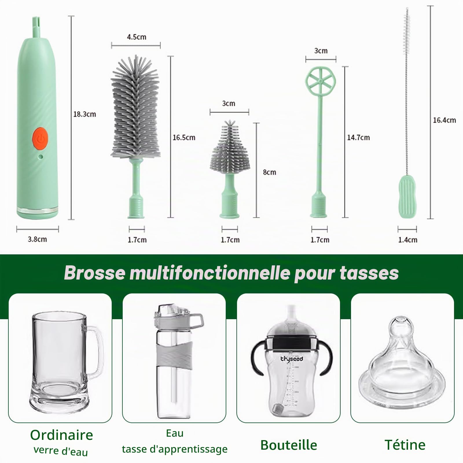 Lot de brosses à biberons de voyage pour bébé, brosse électrique, 2 modes, rechargeable, portable, avec stérilisateur UV pour biberons, tire-lait et tétine (vert)