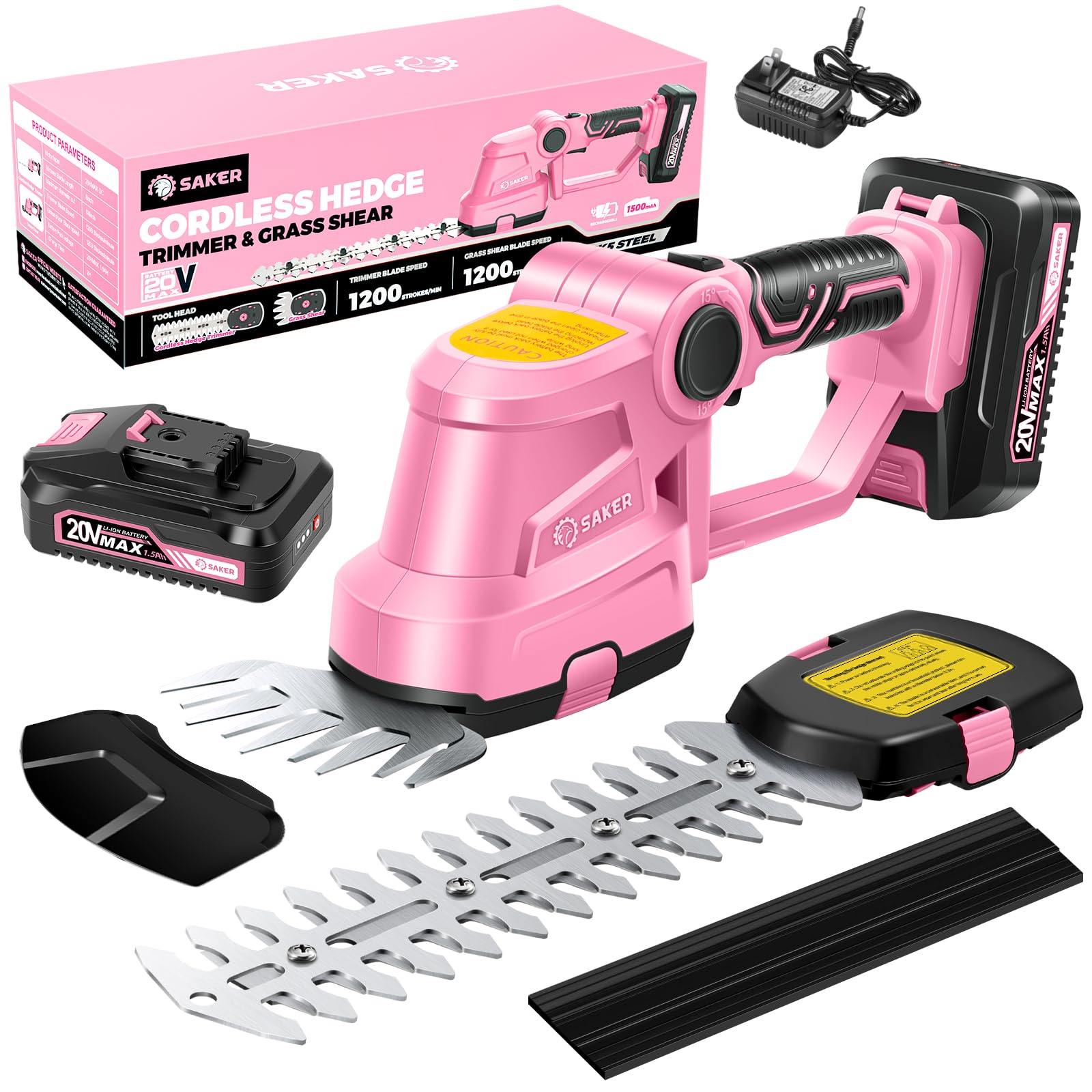 Saker Cordless Hedge Trimmer-20V Electric Shrub Trimmer Grass Shears Handheld Grass Cutter, Hedge Shear with 1 PCS Rechargeable Battery and Charger for Garden, Lawn(Pink)