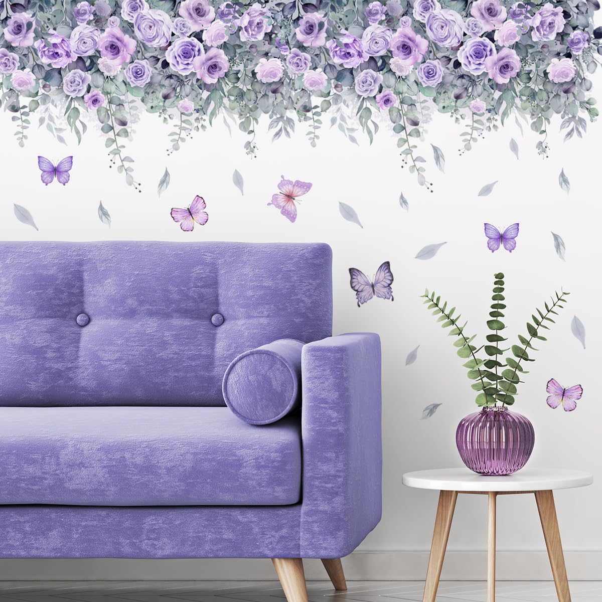 Purple Flowers Plant Wall Sticker for Living Room Bedroom Background Wall Decor Stickers Pastoral Wall Decals for Girls Room Monther Room Daughter Room Decoration Murals