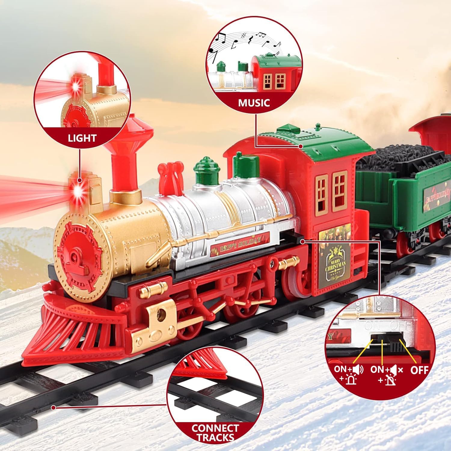 deAO Train Set for Christmas Tree,Classical Christmas Train Set with Headlight, Realistic Sounds, 4 Cars Carriage and Tracks, Best Gift for Christmas Décor Under The Christmas Tree
