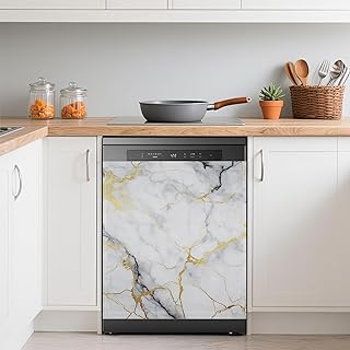 Dishwasher Cover,White Grey Mable Reusable Dishwasher Magnet Cover,Decorative Gold Texture Magnetic Refrigerator Cover Front Panel Cover for Kitchen Decor 23x26 Inch