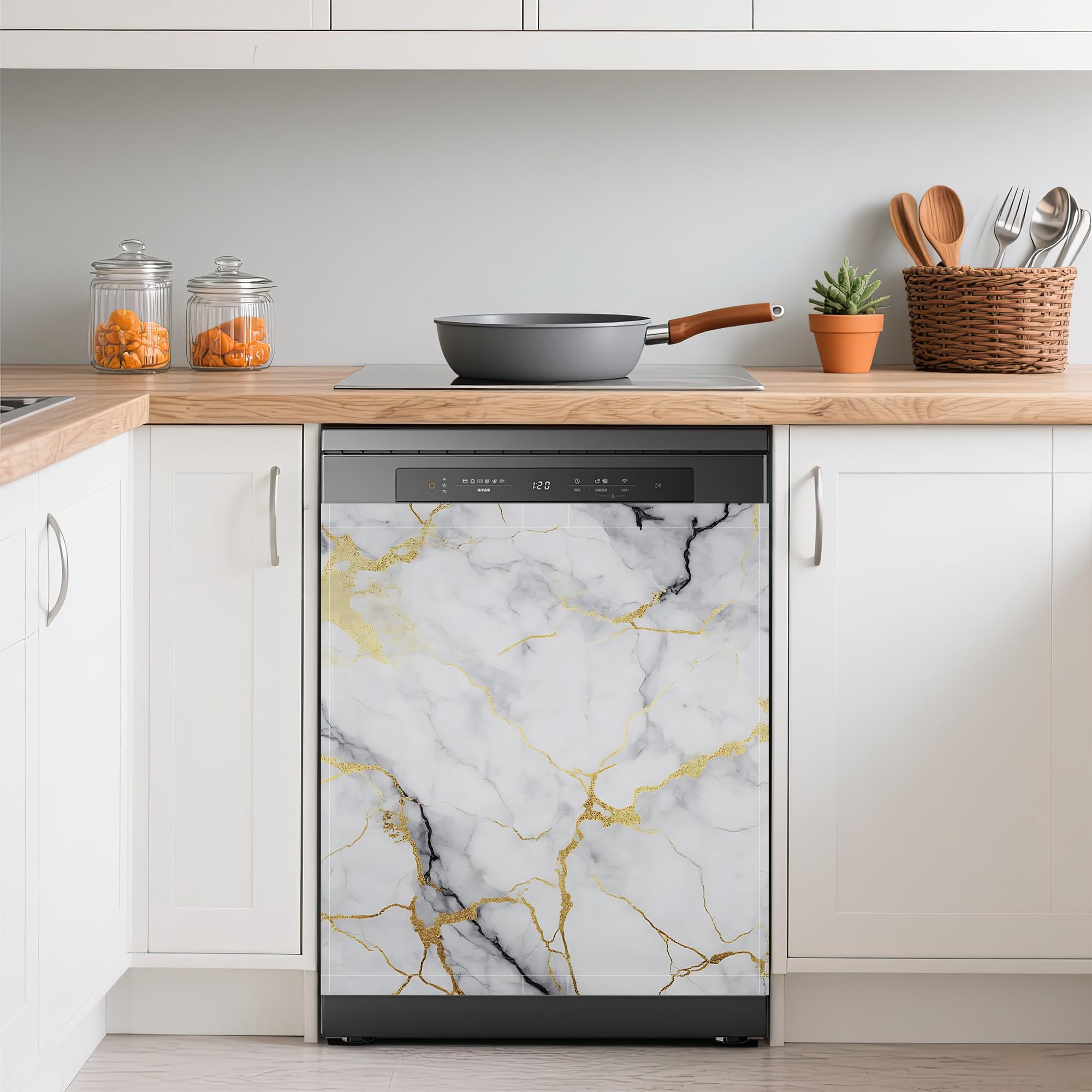 Dishwasher Cover,White Grey Mable Reusable Dishwasher Magnet Cover,Decorative Gold Texture Magnetic Refrigerator Cover Front Panel Cover for Kitchen Decor 23x26 Inch