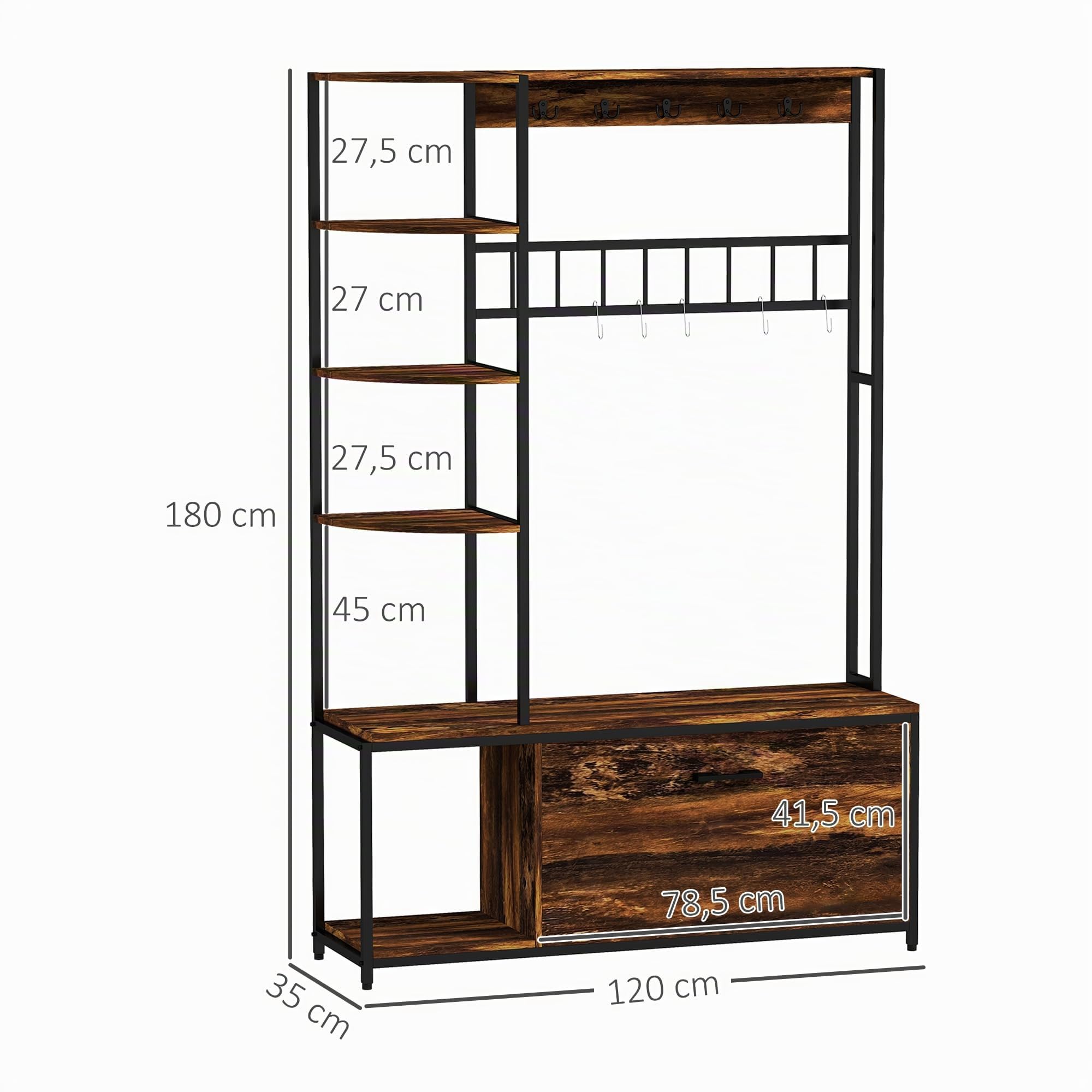 HOMCOM Perchero Zapatero Perchero Entrada Recibidor 4 en 1 con Banco Zapatero de 2 Pisos Estantes Ganchos Compartimento y Sistema Anti-vuelco para Pasillo Dormitorio 120x35x180 cm Marrón Oscuro