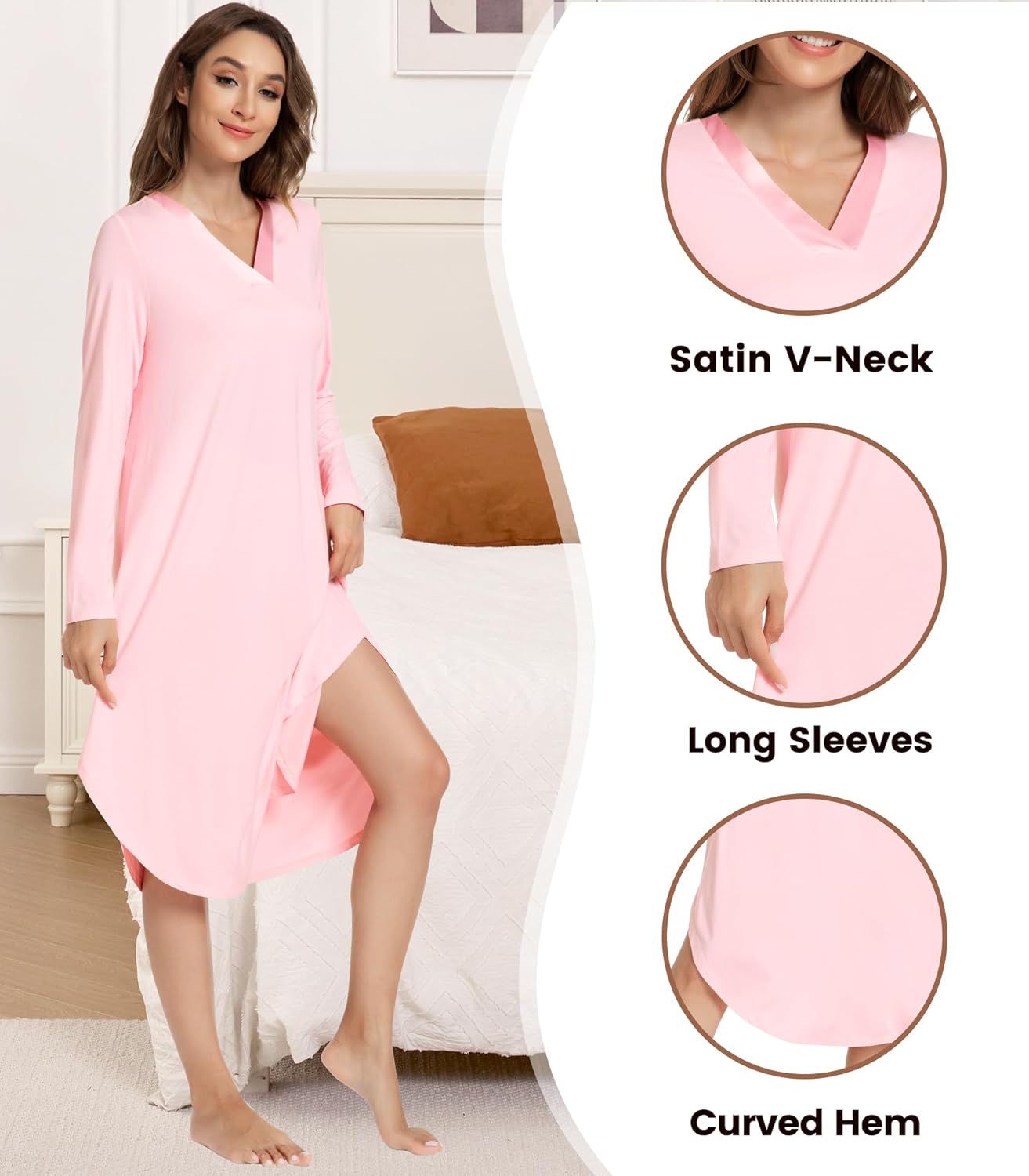 NACHILA Nightgowns for Women-Viscose Made from Bamboo, Long Sleeve Nightshirts Satin V Neck Sleepshirts Soft Sleep Dress - Image 4