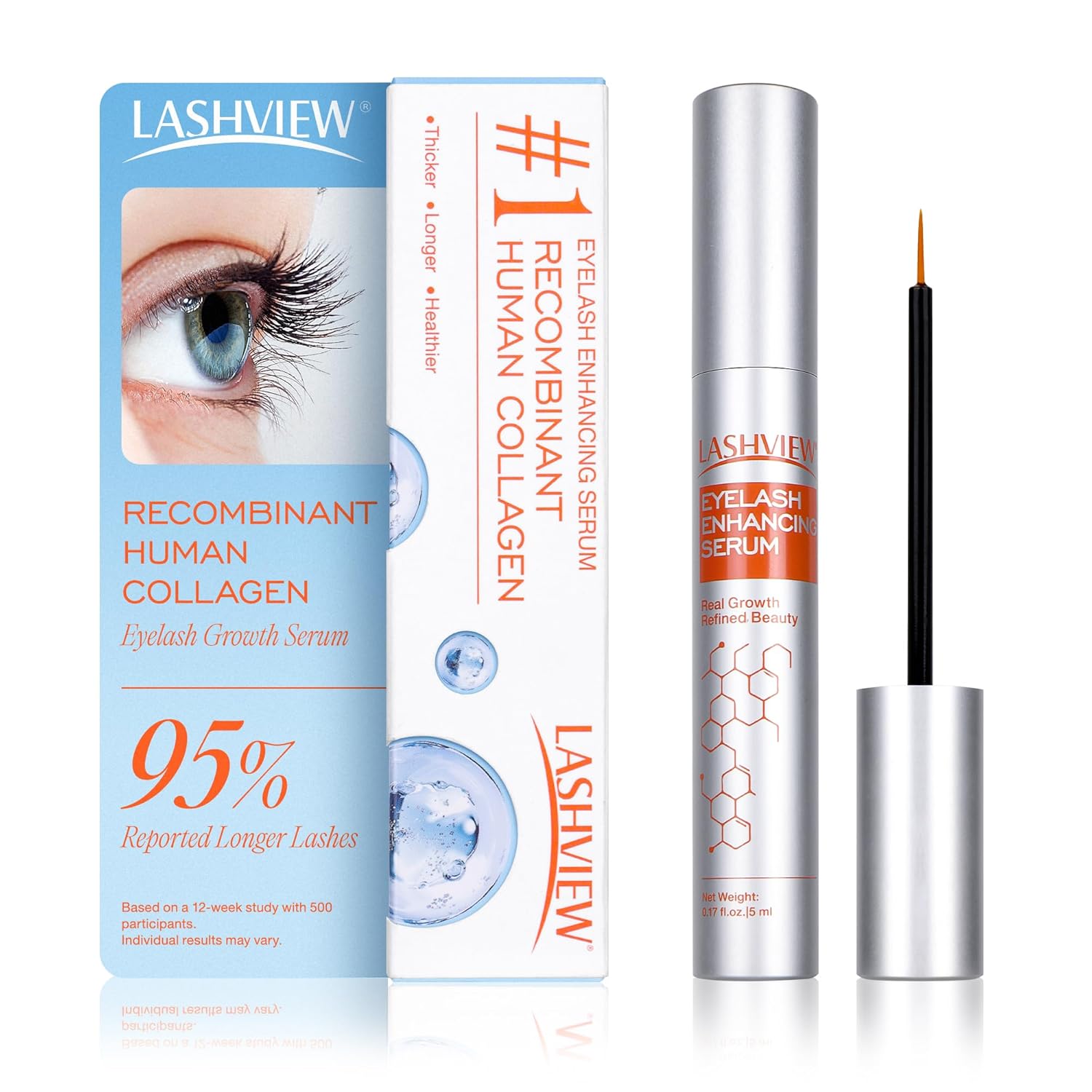 LASHVIEW Eyelash Growth Serum (0.17fl.oz / 5ml) – RECOMBINANT HUMAN COLLAGEN Premium Lash Enhancer for Longer, Safe & Effective Formula for Visible Results in 3 Weeks