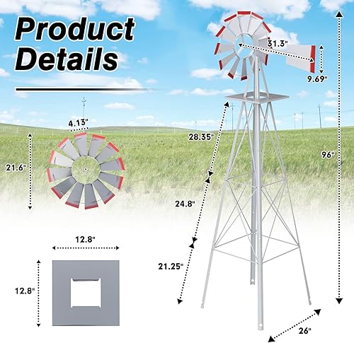 Miniatura 6 de Molino de viento ornamental de 8 pies para jardín, paleta de metal pesado, 4 patas, diseño de molino de viento para exteriores, patio, césped y