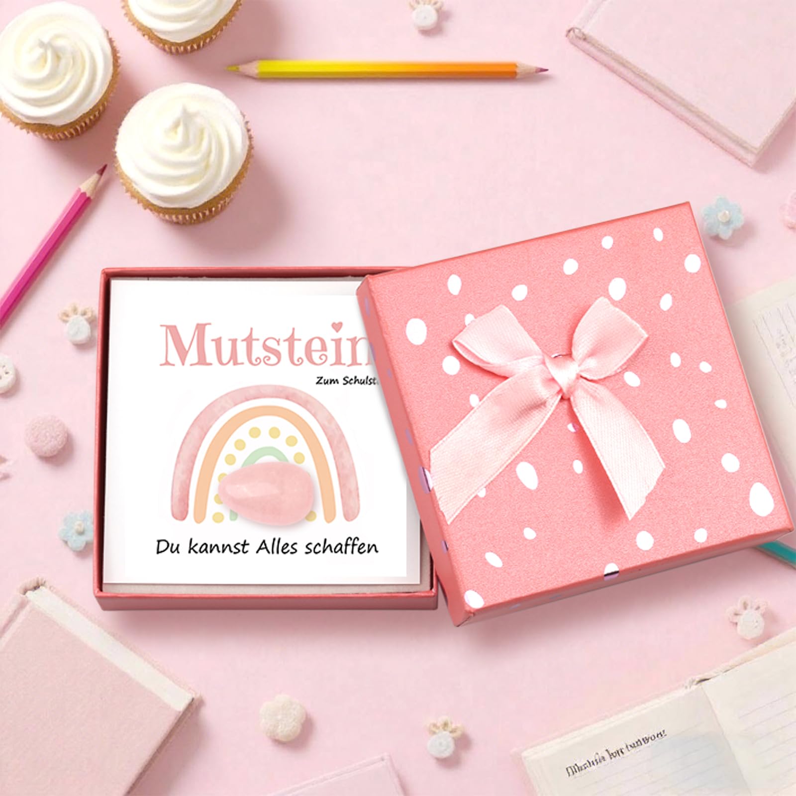 Mutstein Pietre portafortuna regalo inizio scuola 2026 con biglietto auguri confezione regalo rosa