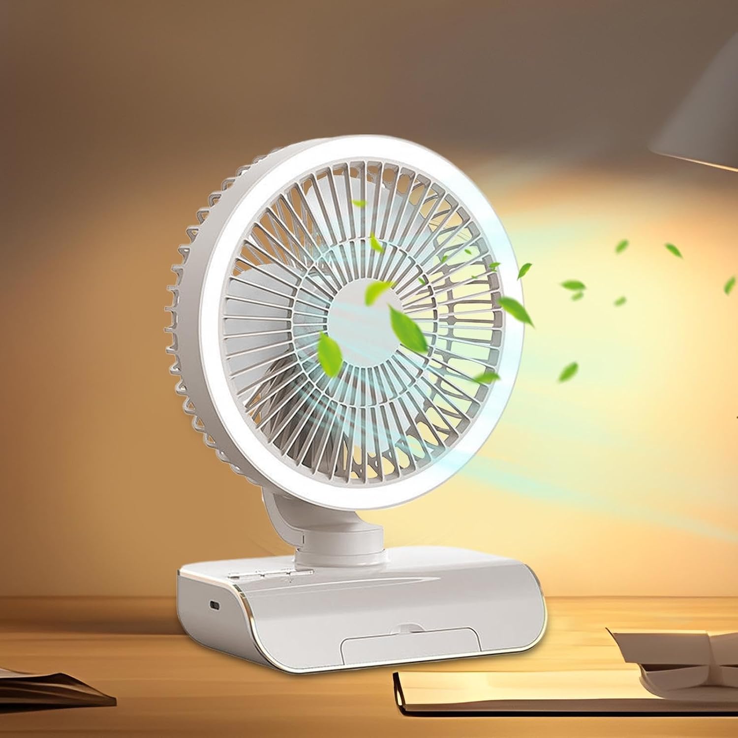 Oscillating Desk Fan USB Rechargeable 5-Speed Circulator Fan 2000mAh | Remote-Controlled, Built-in Light, Absence of Noise, Include Wall Mount Fitting, for Office Dorm Home Summer