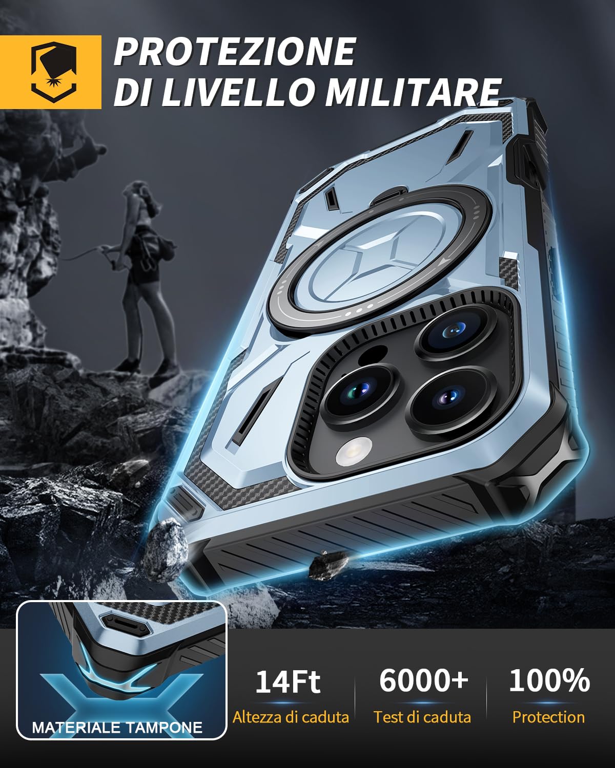 Lanhiem Cover per iPhone 16 Pro Max con 2 Pezzi Vetro Temperato, 14FT Antiurto Anticaduta Militare,Supporto Magnetico Anello a 360° Protezione Armor Protezione, Custodia per iPhone 16 Pro Max, Blu