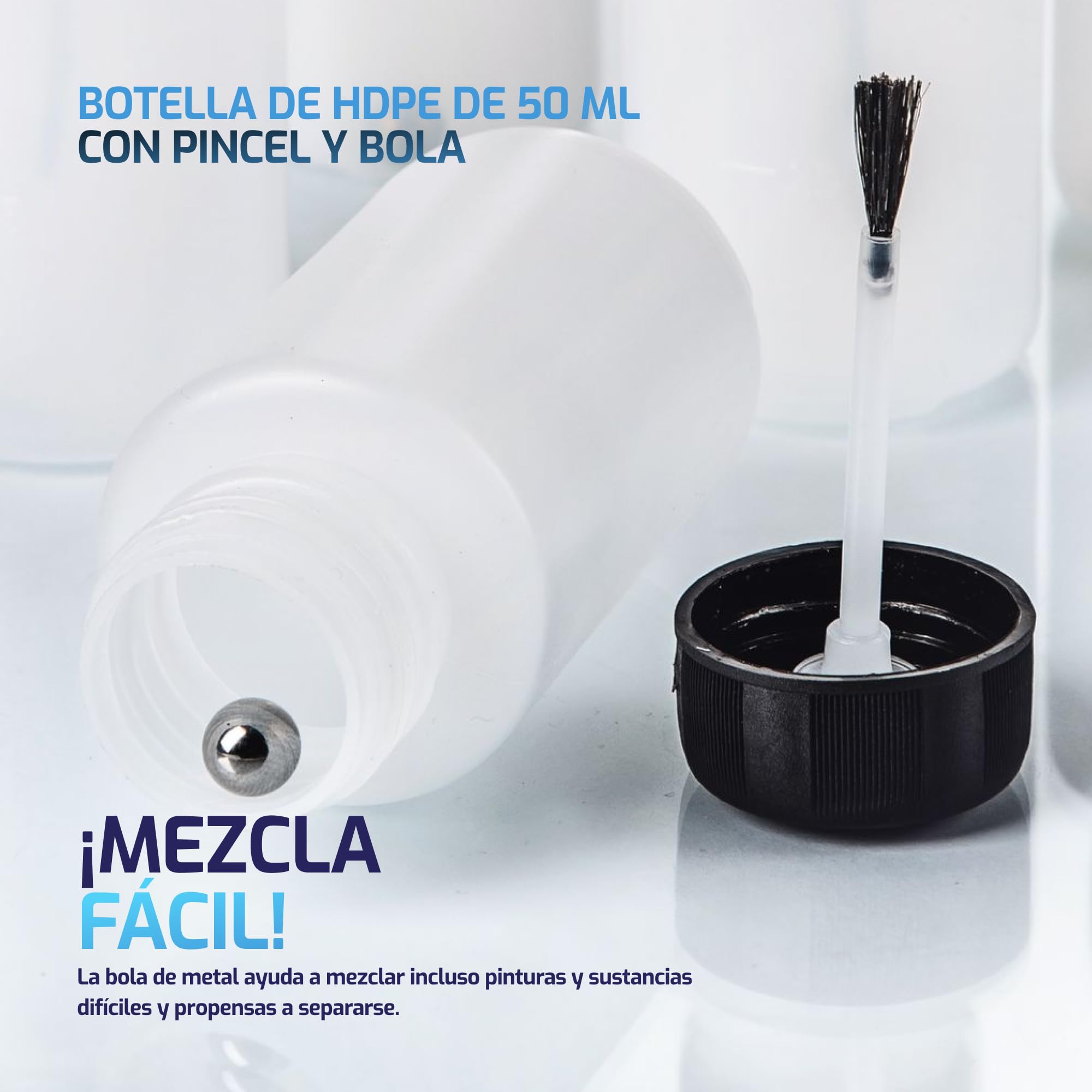 BenBow - Frascos 100x 50 ml con Pincel y Bola mezcladora - Pincel Fino, Transparente - Resistente a los disolventes - para almacenar y aplicar líquidos - Frascos de plástico HDPE para Pinturas