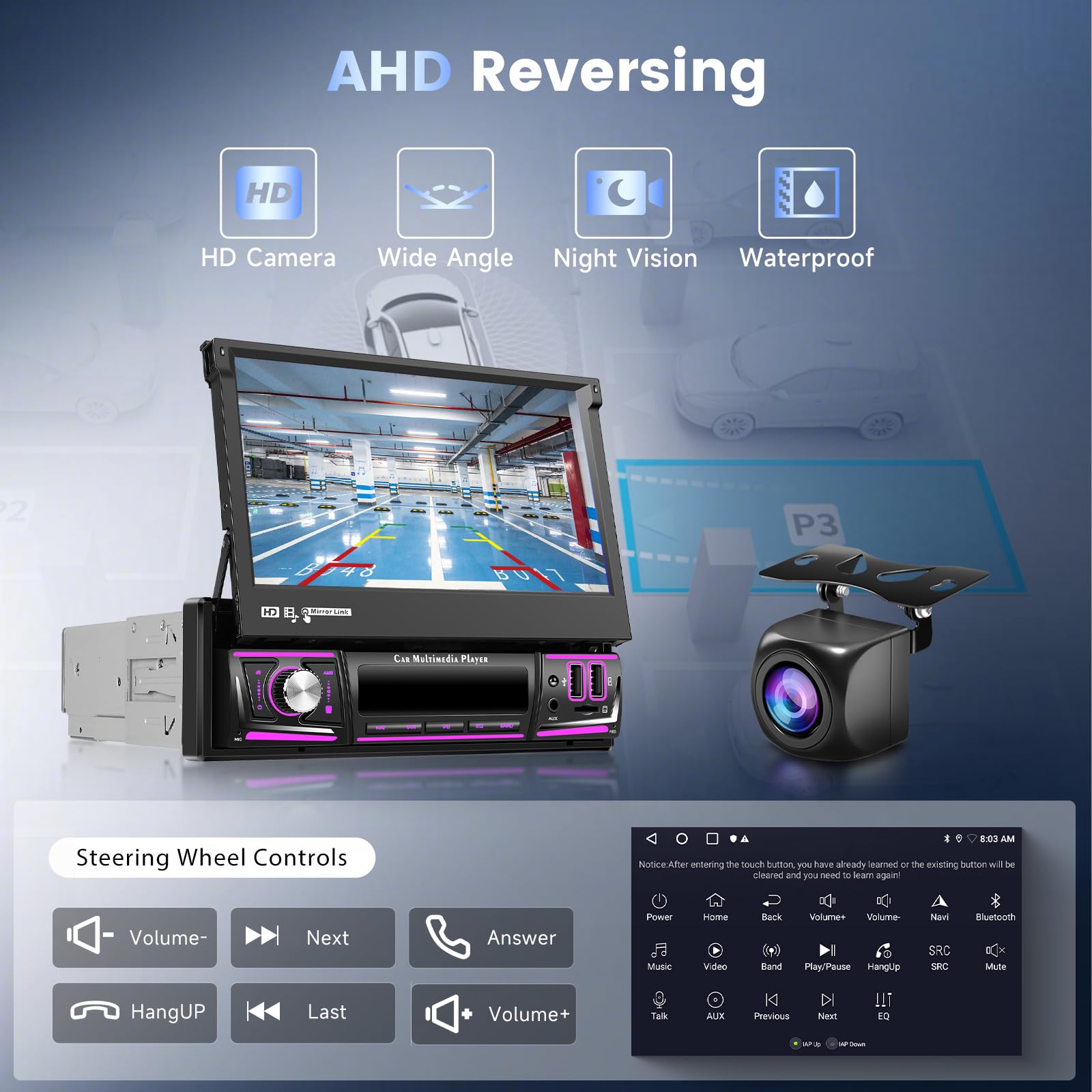 Hodozzy 2G + 64G Android singolo DIN Flip Out Car Stereo, 7 pollici Touchscreen Autoradio con CarPlay Android Auto, GPS 1 Din Car Audio con WIFI, Bluetooth, FM/RDS, DSP, Schermo diviso, 2 USB, SWC