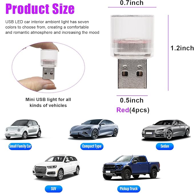 4 Unidades LED USB Luces de Ambiente Interior Coche Rojo miniatura 2