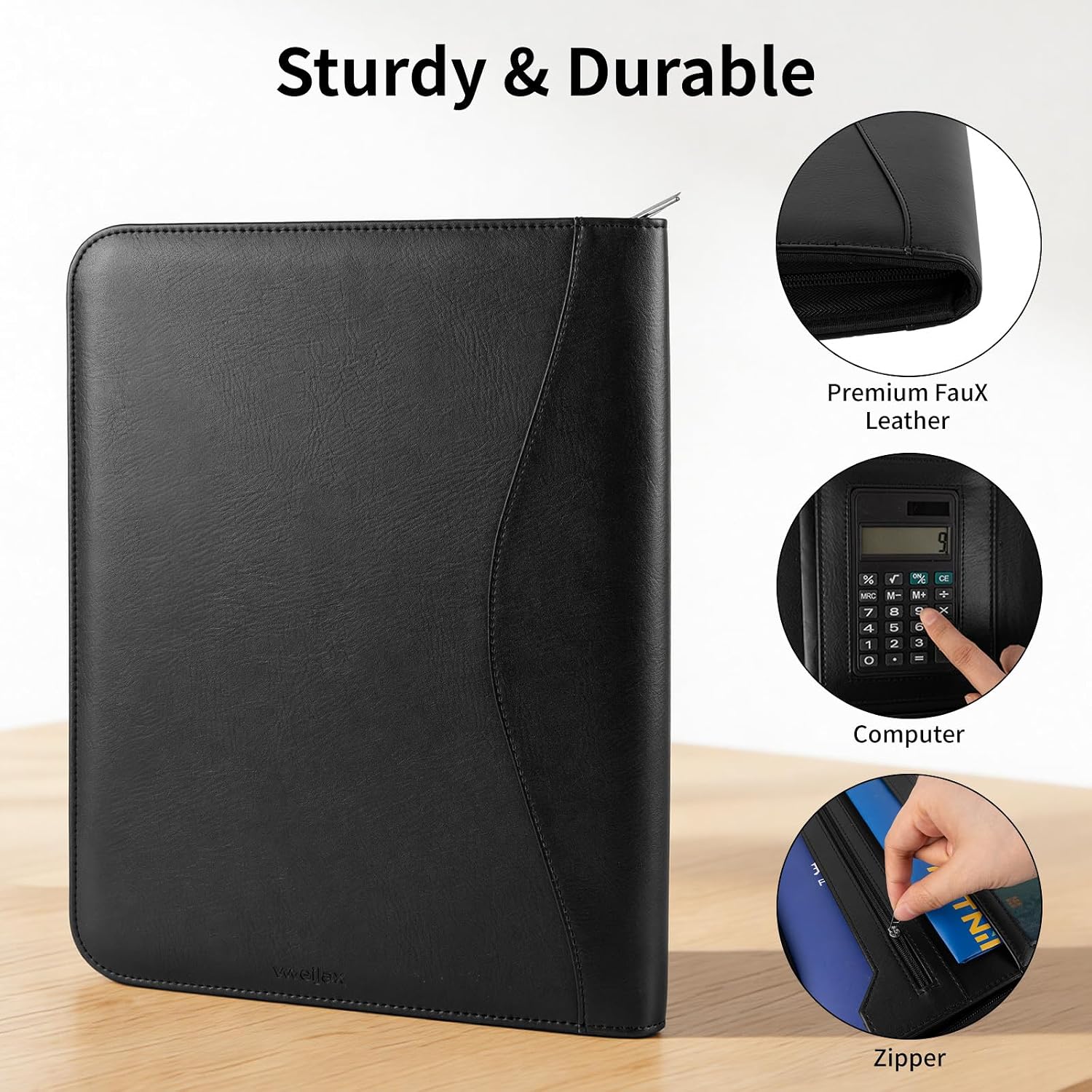 Professional Padfolio with Calculator,Faux Leather Portfolio Folder Binder,Letter Size A4 Legal Writing Pad Holder for Business School Office Conference Notepad Clip Boards (Black)
