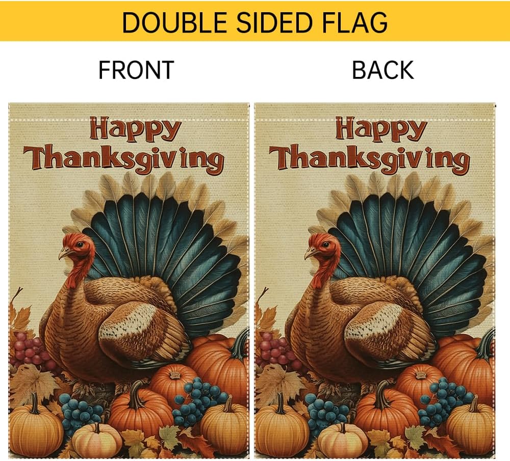 Hanksgiving Garden Flag 12x18 inch Double-Sided Burlap Fall Turkey Garden Flags for Thanksgiving Day Harvest Autumn Yard House Outside Deco - Image 6