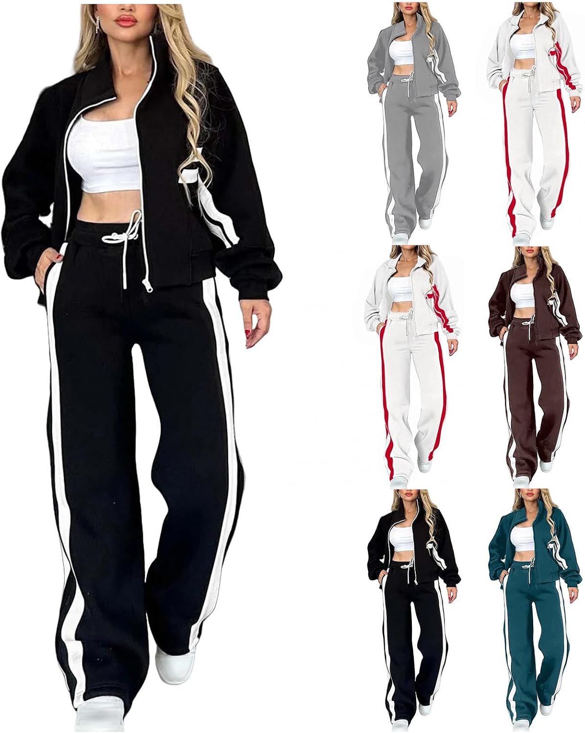 Womens Two Piece Outfits Oversized Zip Up Jacket Wide Leg Sweatpants Fleece Sweatsuits Travel Track Suit