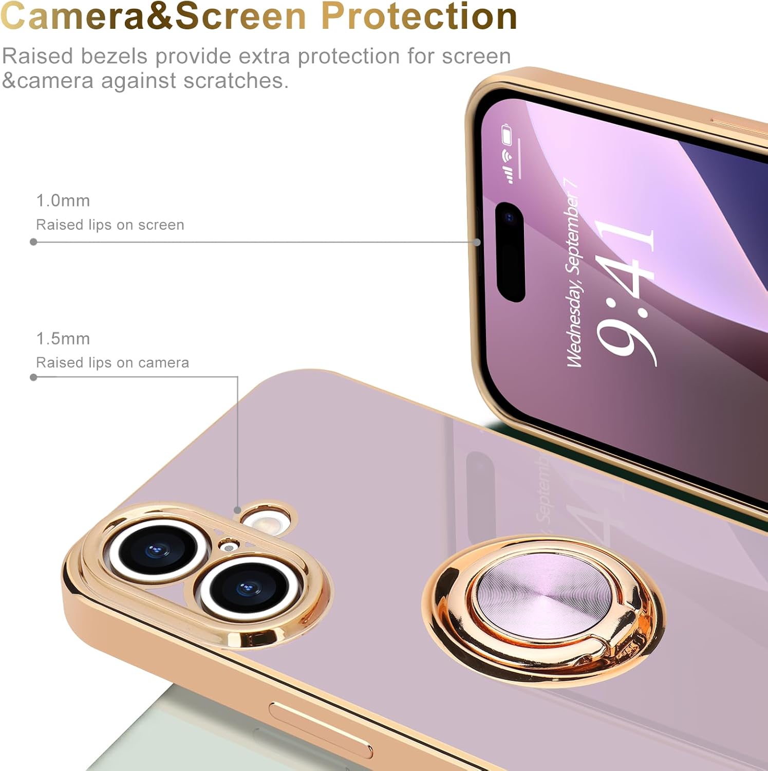 for iPhone 16 Case with Stand 360° Rotatable Ring Holder [Magnetic Kickstand] Luxury Gold Plating for Women Men Soft TPU Shockproof Protective Phone Case for iPhone 16, Purple - Image 5