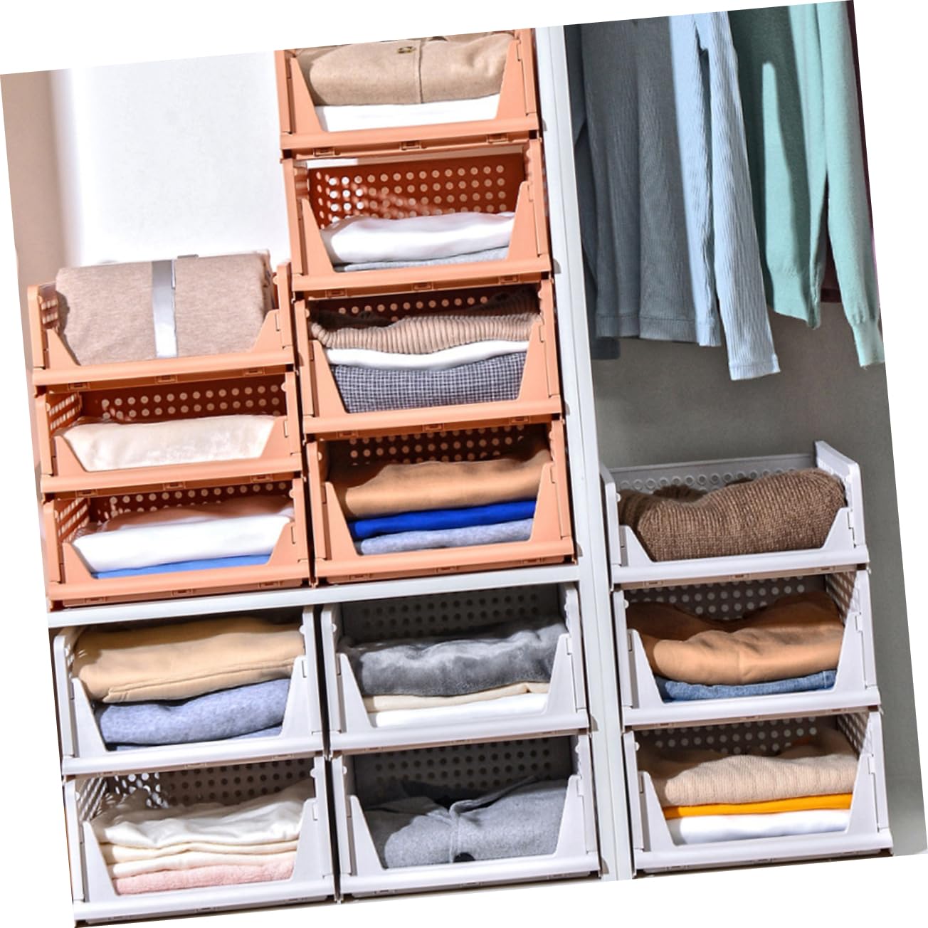 Este Conjunto de 2 contenedores Plegables apilables para Armario nizer - Cajas de Almacenamiento de plástico para cajones de Armario y Dormitorio - Almacenamiento eficiente de Ropa y accesor
