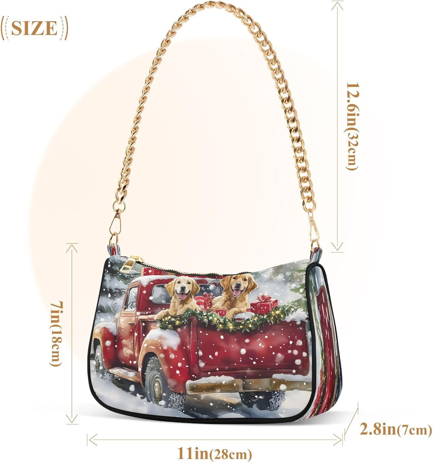 Christmas Red Truck Dog Chain Shoulder Bag Hobo Tote Handbag Mini Clutch Purse with Zipper Closure for Women