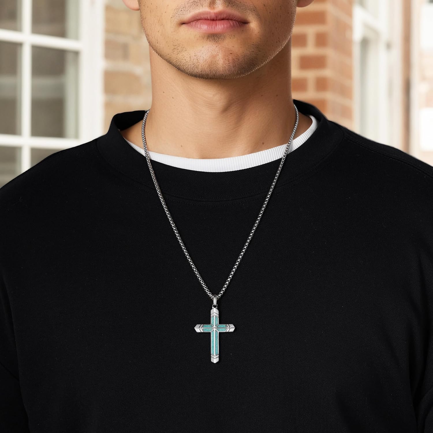 Cross Necklace for Men Turquoise/Malachite Cross Necklace with Adjustable Box Chain 24-26 Inches Christianity cross Jewelry Men's Gifts