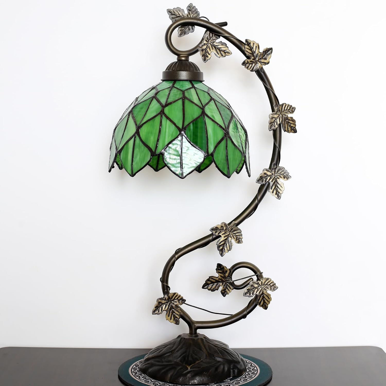 Tiffany Table Lamp Stained Glass Small Lamp 8 x 10 x 21 Inches Metal Leaf Base Bedroom Living Room Study Desk Reading Light (Green Maple Leaf Style)