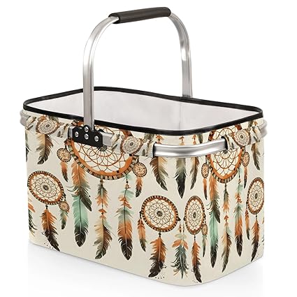 Kizmoglux Dream Catcher Feather Geometric Collapsible Market Basket, Foldable Picnic Basket - Large Shopping Basket with Handles, Portable Folding Bag for Shopping Camping Picnic