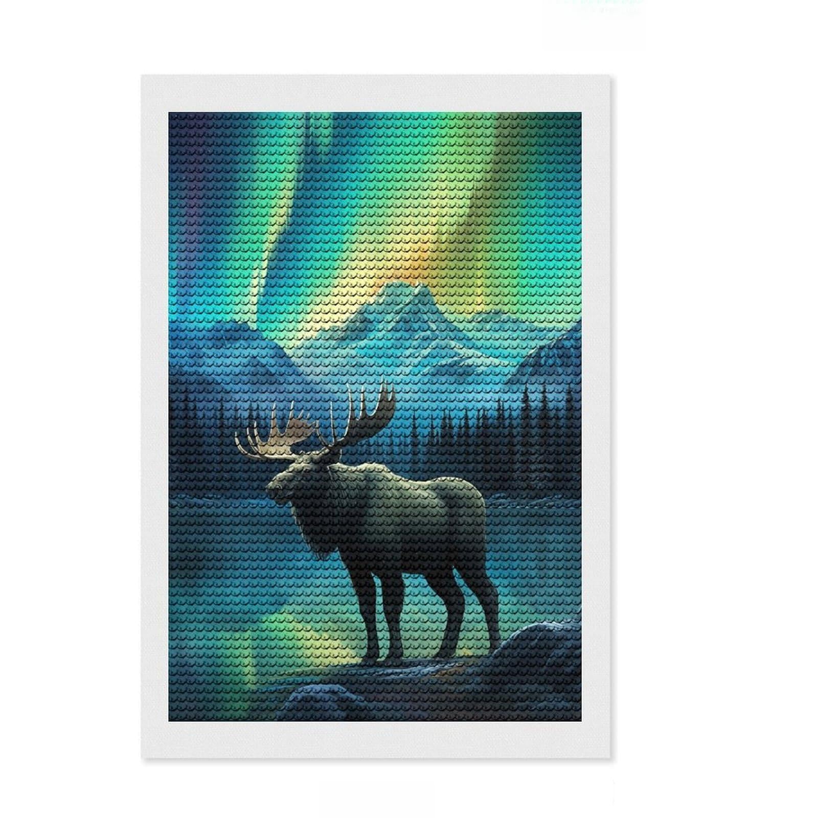 Junmoney Aurora Stag Deer Northern Diamond Art Kit 8"x12", for Craft Lovers, Satisfying Creative Project, Birthday Gift, Home Wall Decor