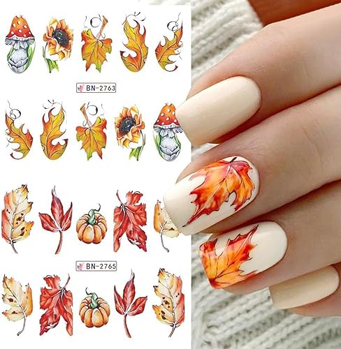 Miniatura 2 de 12 hojas de calcomanías de uñas de otoño, hojas de arce, calcomanías de arte de uñas de transferencia de agua de otoño, hojas de arce, calabaza,