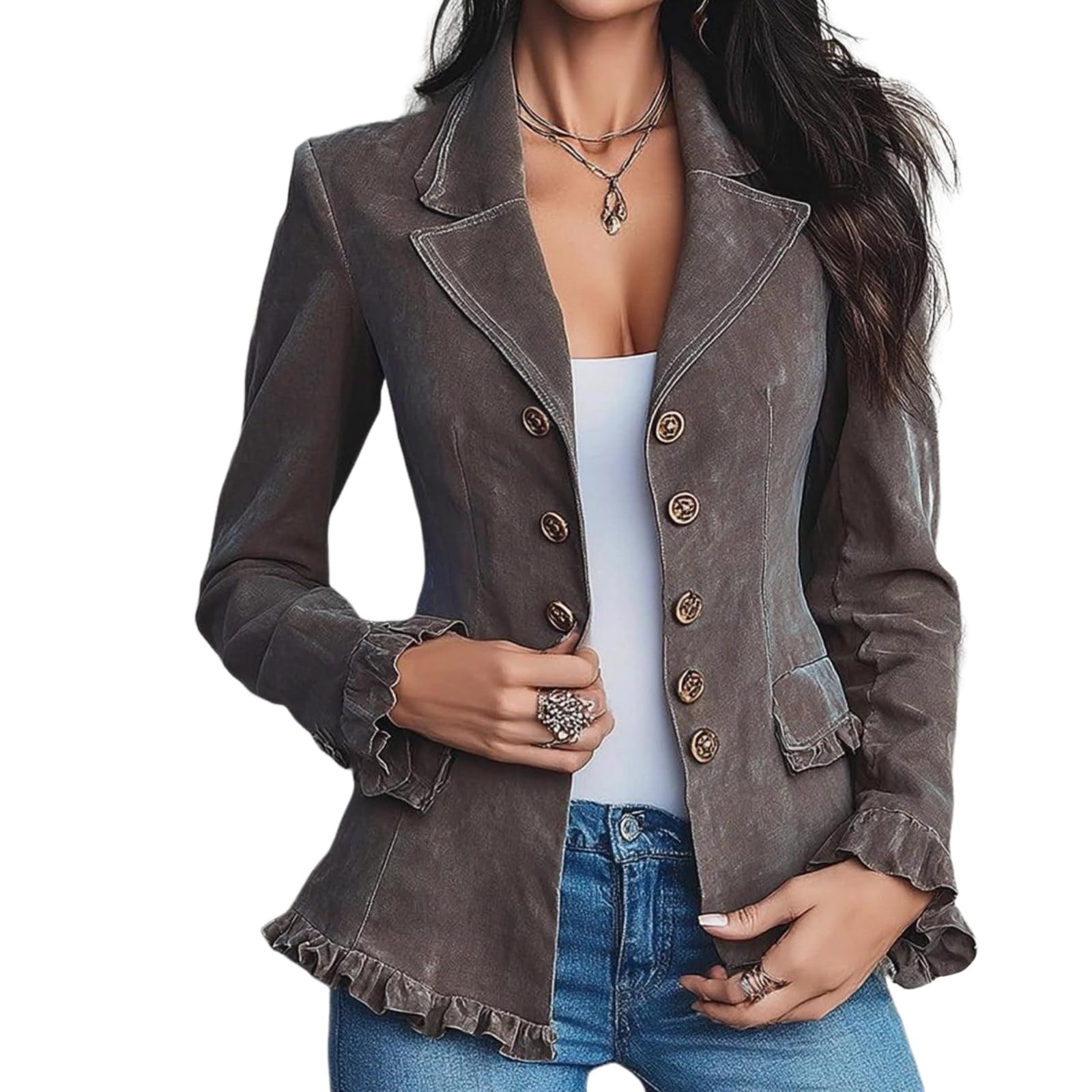 Womens 2025 Fall Vintage Double Breasted Blazer Long Sleeve Ruffled Hem Slim Fit Elegant Lapel Collar Suit Jacket