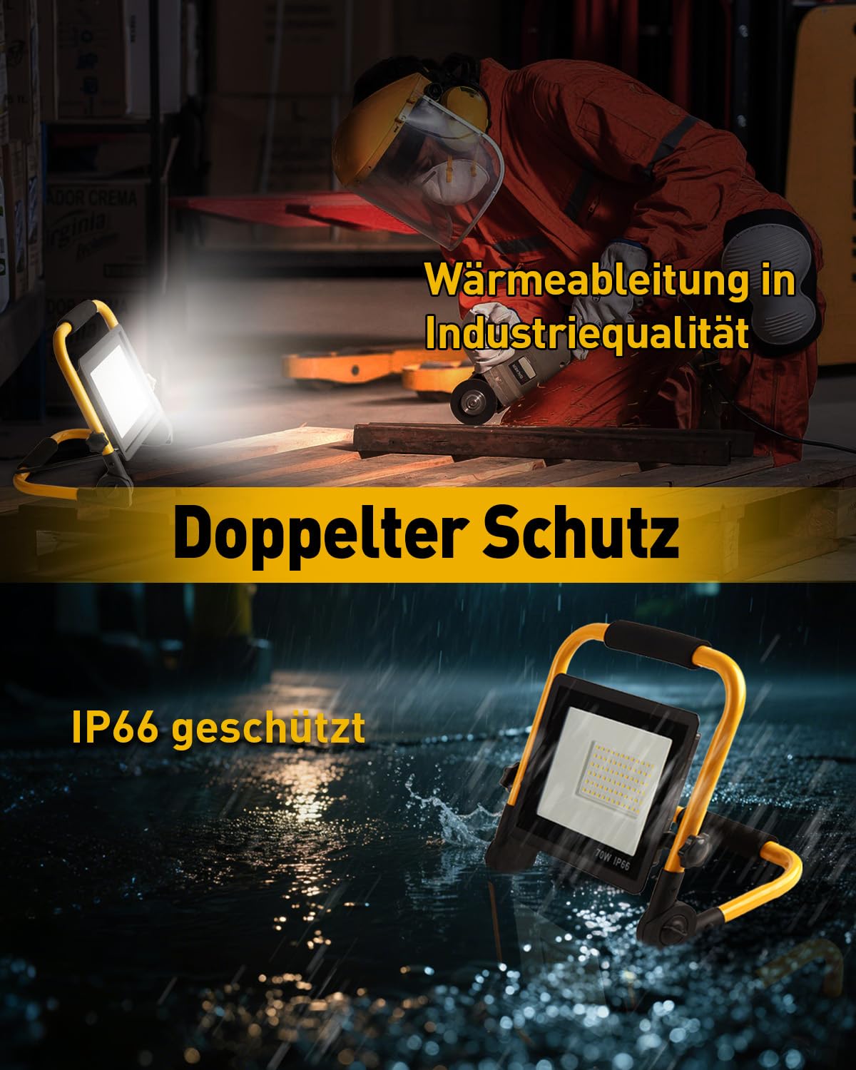 LED Baustrahler 70W, LED Arbeitsleuchte mit 4 Meter Kabel:, Wasserdichtes Arbeitsscheinwerfer Bauscheinwerfer für Werkstatt oder Baustelle, Garage, 6500K Tageslichtweiß