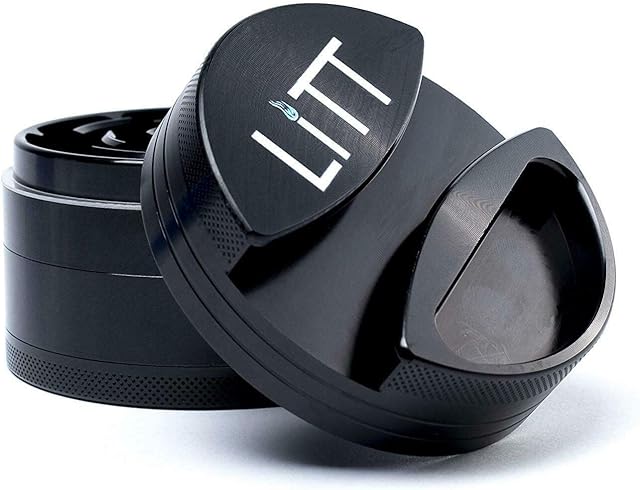 LITT Premium Grinder - XL Aluminium Grinder with 4 Chambers, Built in Rolling Paper Holder, Sharp Bladed Teeth (Black)