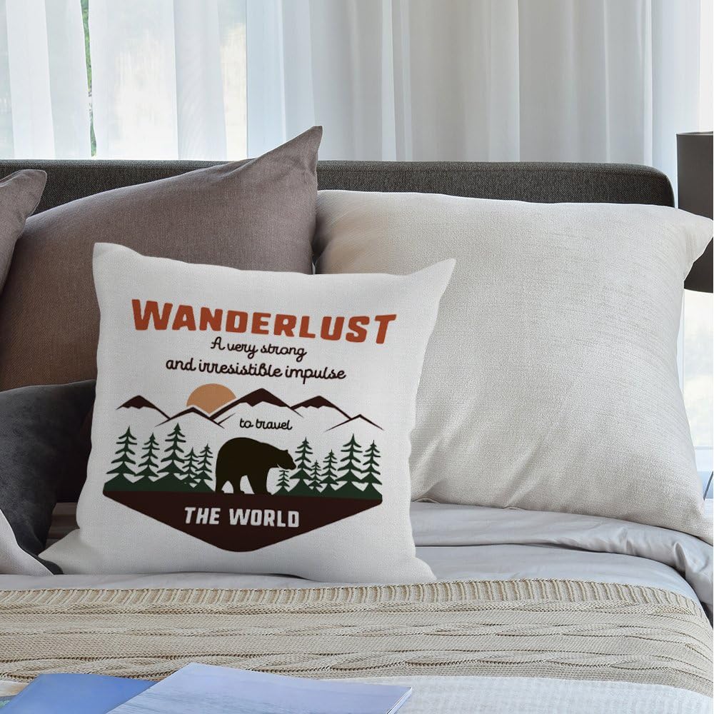 HGOD DESIGNS Wanderlus Pillow Covers,Decorative Throw Pillow Adventure Quotes Travel The World with Mountain Explorer and Bear Pillow Cases Cotton Linen Cushion Covers for Home Sofa Couch 18x18 - Image 4