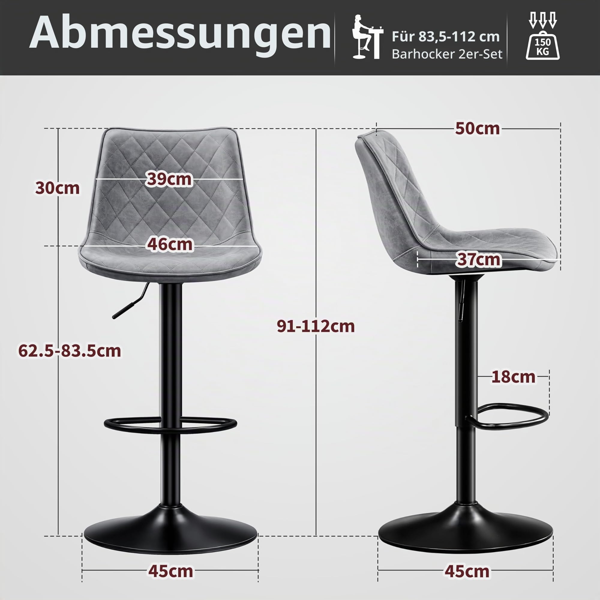 STOOLINK Barhocker 2er Set Höhenverstellbar mit Mikrofaser-Leder, Barstuhl mit Lehne, Tresenhocker Drehbar, Bistrohocker Designer, Barstühle für Küche, Theke, Bar-Grau
