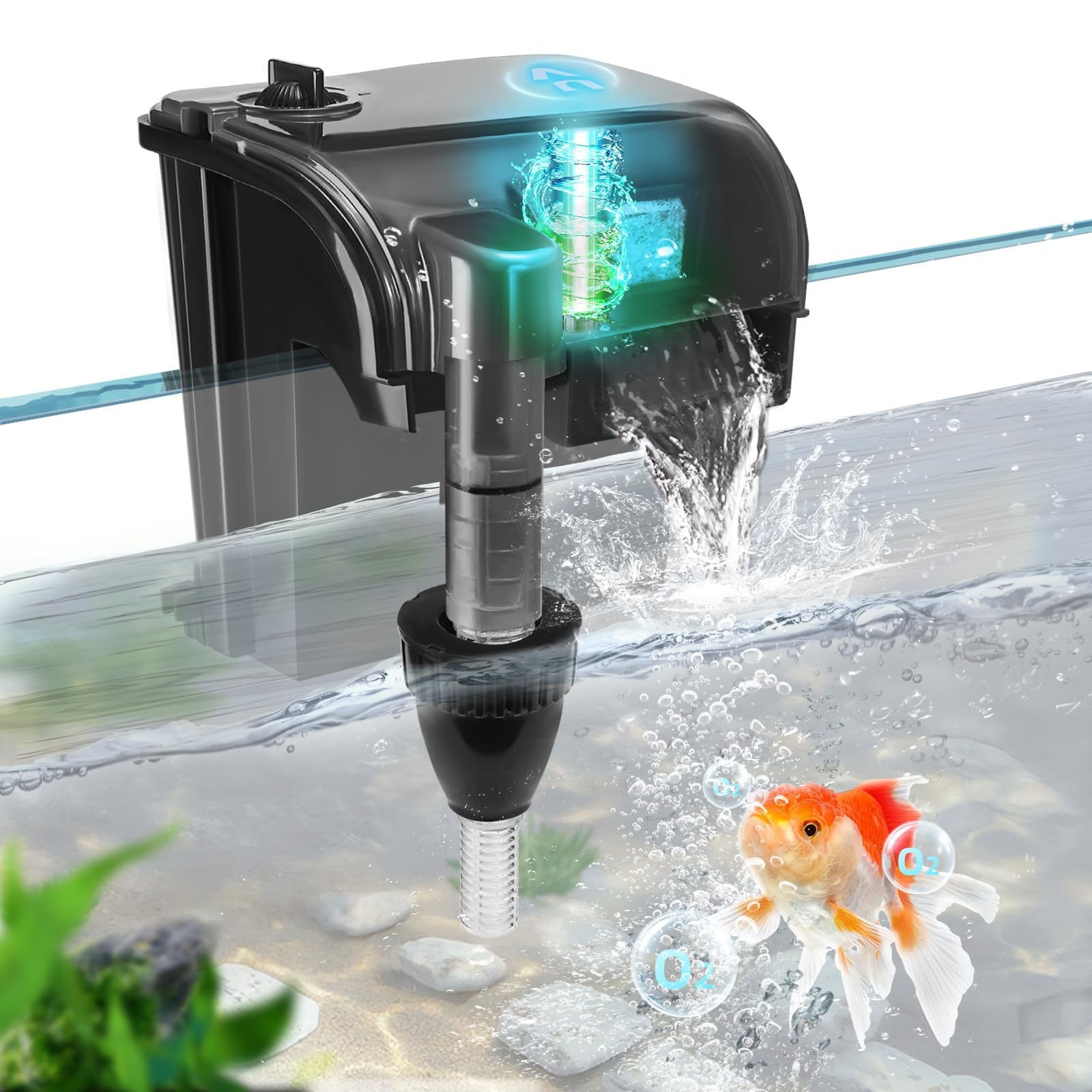 Tararium Filtro de Mochila lámpara U-V 600L/h para acuarios de 40-150 litros | Filtro Colgante como Filtro Exterior 4 en 1 con aspiración Superficial para Agua Dulce/Salada