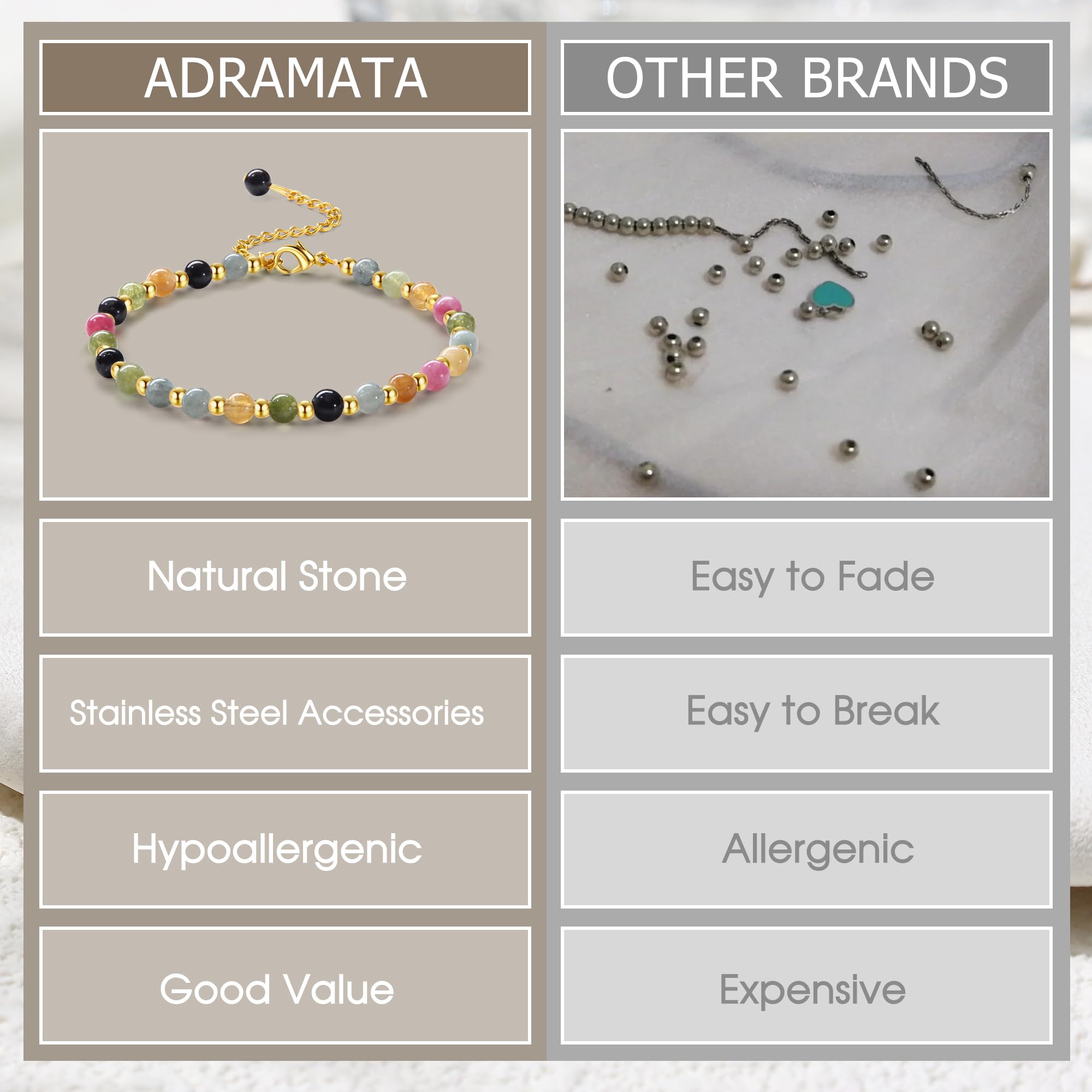 YCTTKDD Pulseras de Cuentas para Mujeres y niñas: Piedra Natural de 5 mm, Cuentas de Acero Inoxidable de 3 mm, joyería Boho de Cristal chapada en Oro Ajustable con Caja de Regalo