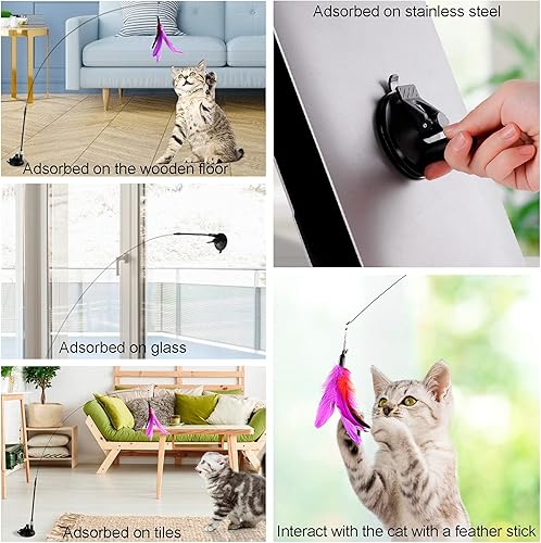 Miniatura 2 de Juguetes interactivos de plumas para gatos, Dorakitten Cat Potente ventosa de mano, varita teaser de mano y 5 plumas de repuesto con campana para