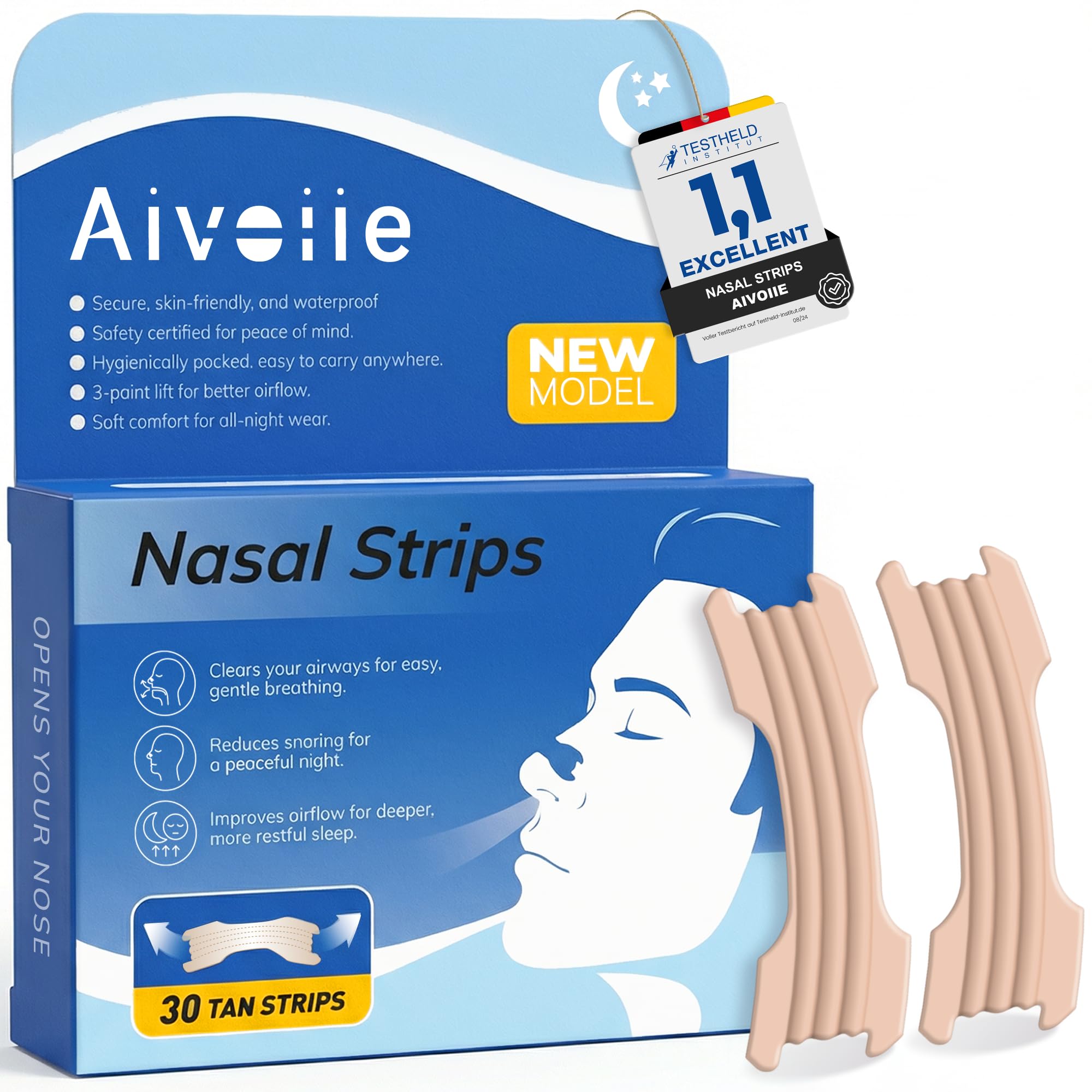 30 Cerotti Nasali Anti-Russamento, Design Triple Cresta con Adesivo di Qualità Professionale, Cerotti Pelle Traspiranti per Sonno Migliore, Sport & Congestione Nasale (Color carne)