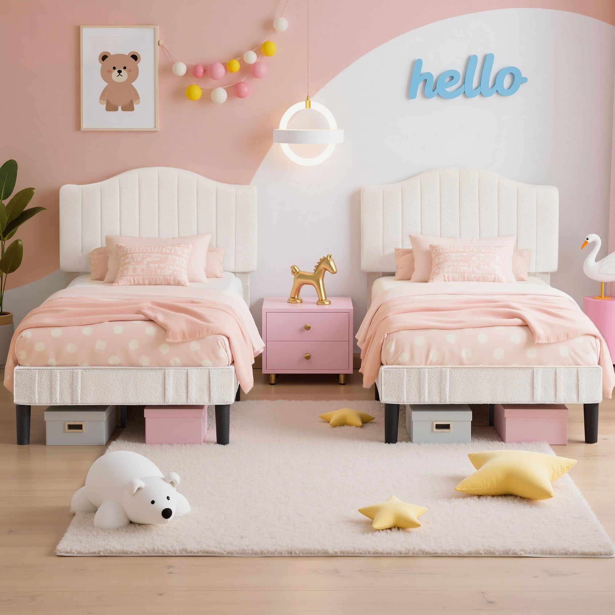 VECELO Twin Bed Frame Set of 2, Upholstered Platform Bed Frame with Height Adjustable Teddy Fabric Headboard, Strong Wood Slats Supports 7.9'' Under