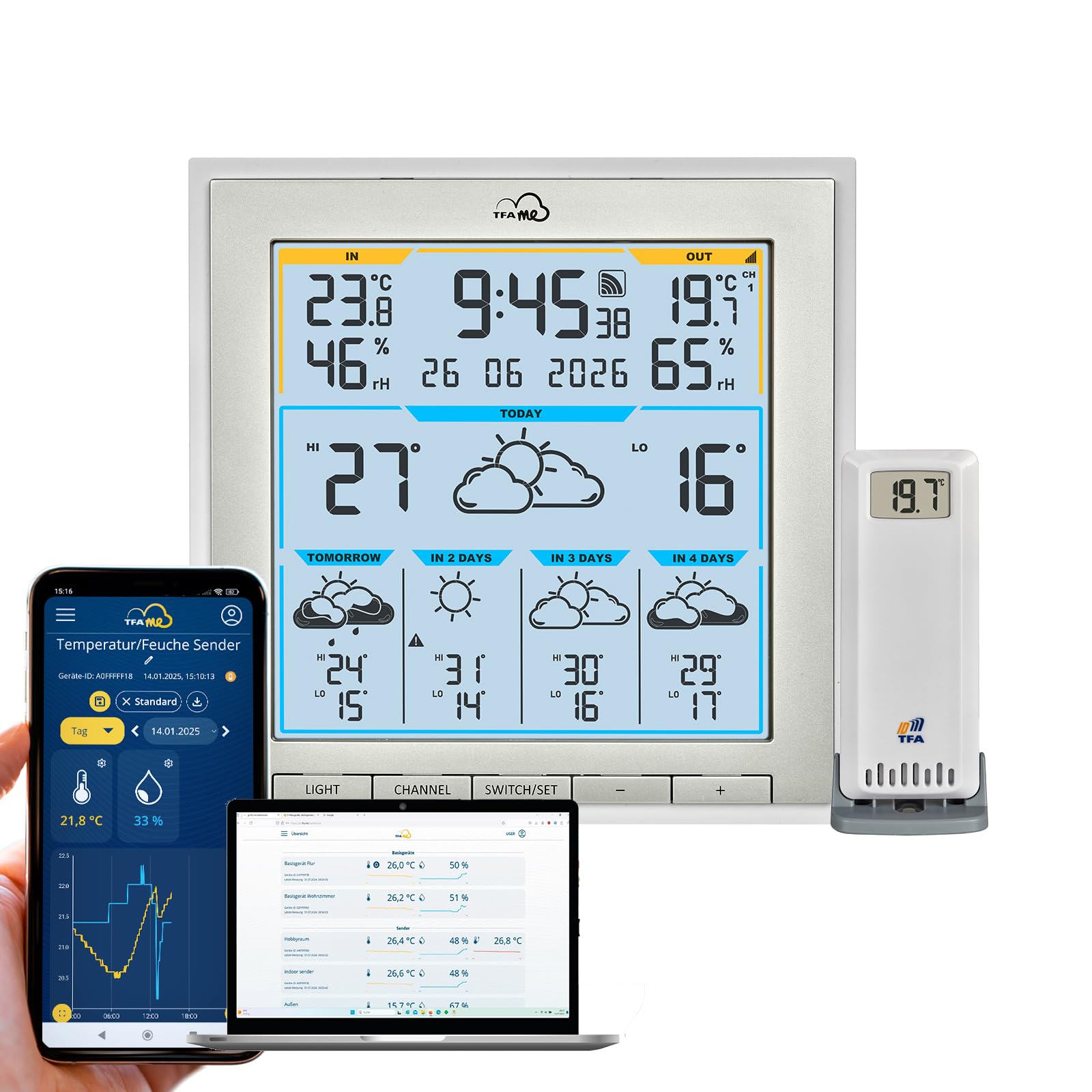 TFA Estación meteorológica Dostmann TFA.me ID-08, 35.8105, con sensor externo wifi, pronóstico del tiempo para 5 días, portal en línea, valores máximos y mínimos, función de alerta, color blanco