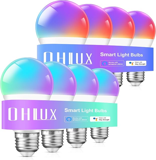 OHLUX Smart WiFi LED Light Bulbs 100W Equivalent 900Lumen Compatible with Alexa and Google Home (No Hub Required), RGBCW Multi-Color, Warm to Cool White Dimmable, 9W E26 A19 Color Changing Bulb-8PACK